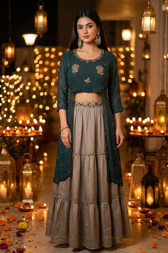 Teal Indo-Western kurta skirt set with festive lantern backdrop