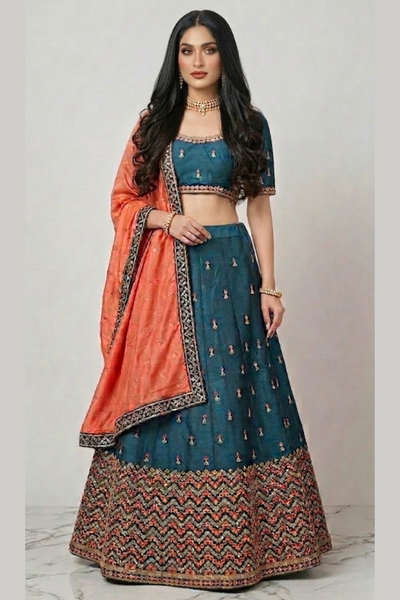 Teal blue lehenga with rust orange dupatta, front view