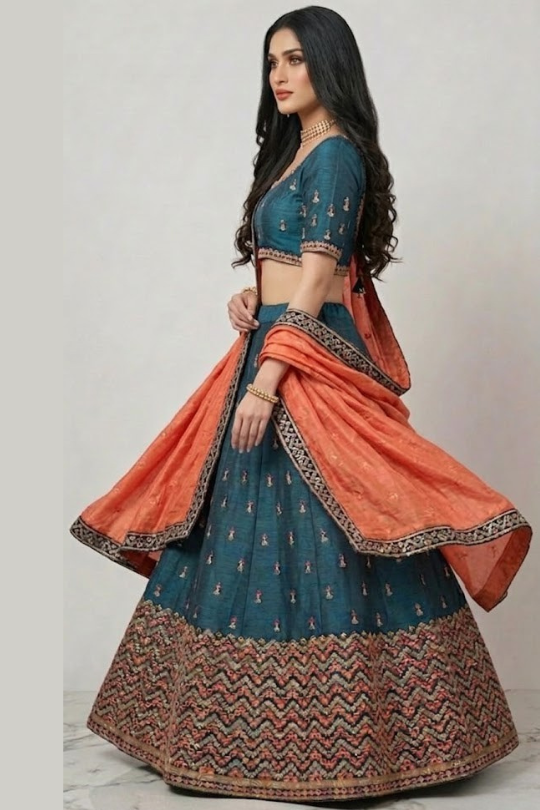 Teal blue lehenga side view with rust orange dupatta and embroidered border