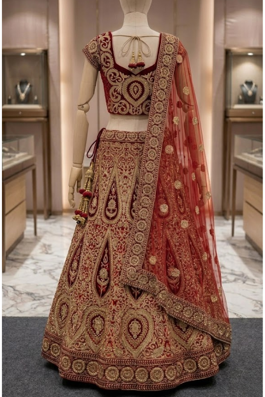 Vintage zari bridal lehenga with gold embroidery, back view on display