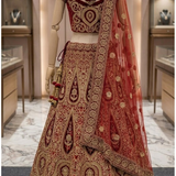 Vintage zari bridal lehenga with gold embroidery, back view on display