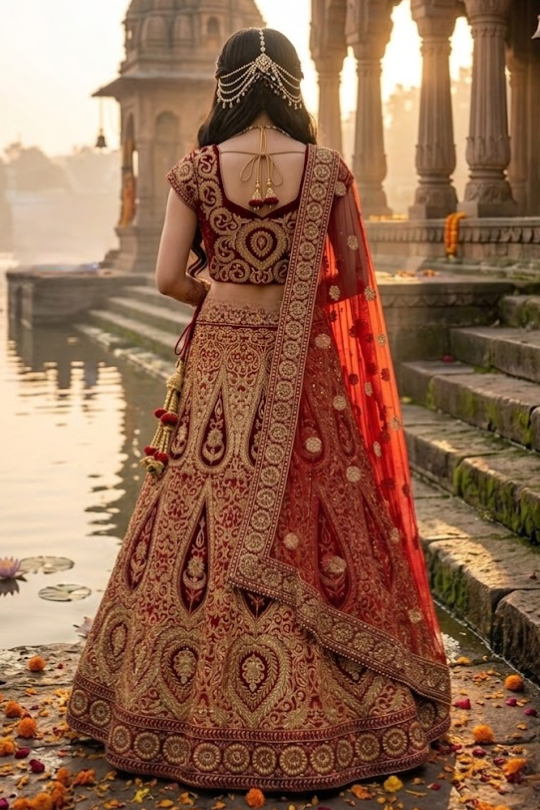 Vintage zari bridal lehenga back view showing embroidered blouse and dupatta
