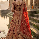 Vintage zari bridal lehenga back view showing embroidered blouse and dupatta