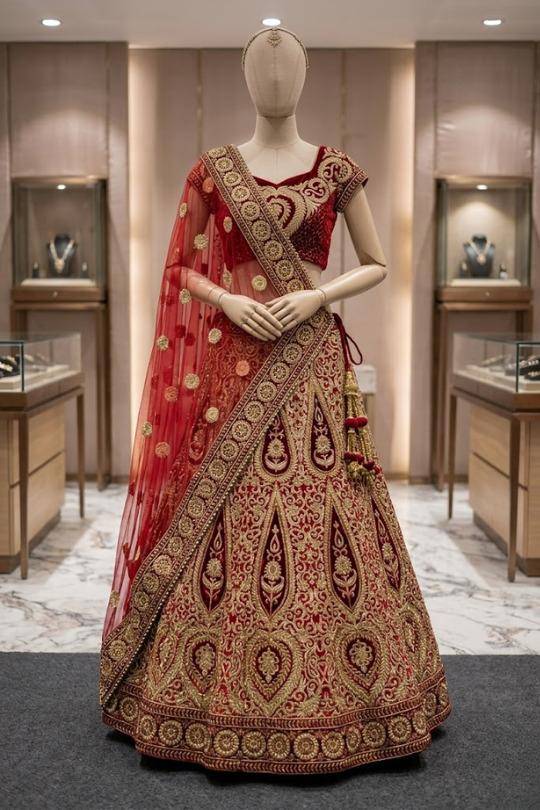 Vintage zari bridal lehenga with gold embroidery, front view on display