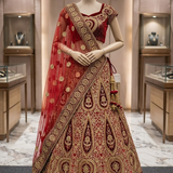 Vintage zari bridal lehenga with gold embroidery, front view on display