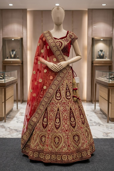 Vintage zari bridal lehenga with gold embroidery, front view on display