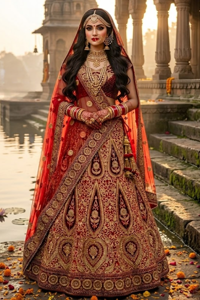 Bride in vintage zari bridal lehenga with gold embroidery, standing by temple steps