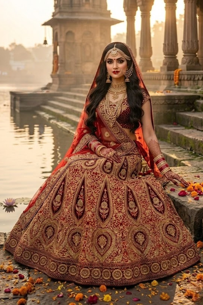 Bride in vintage zari bridal lehenga seated on temple steps by the water