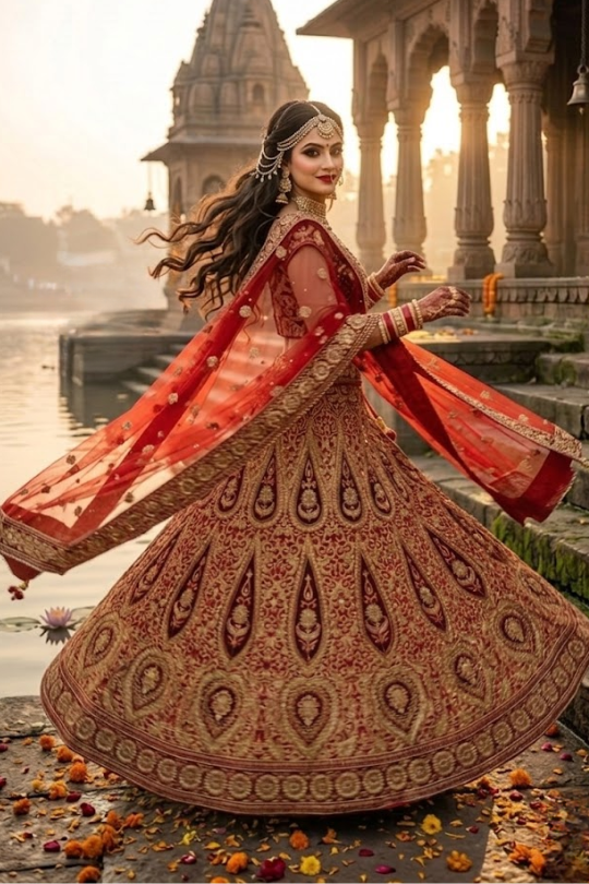 Bride twirling in vintage zari bridal lehenga with flowing dupatta