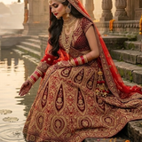 Bride in vintage zari bridal lehenga seated beside water, touching the surface