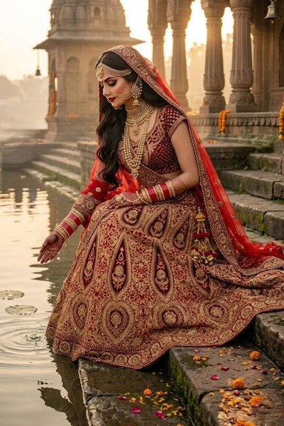 Bride in vintage zari bridal lehenga seated beside water, touching the surface
