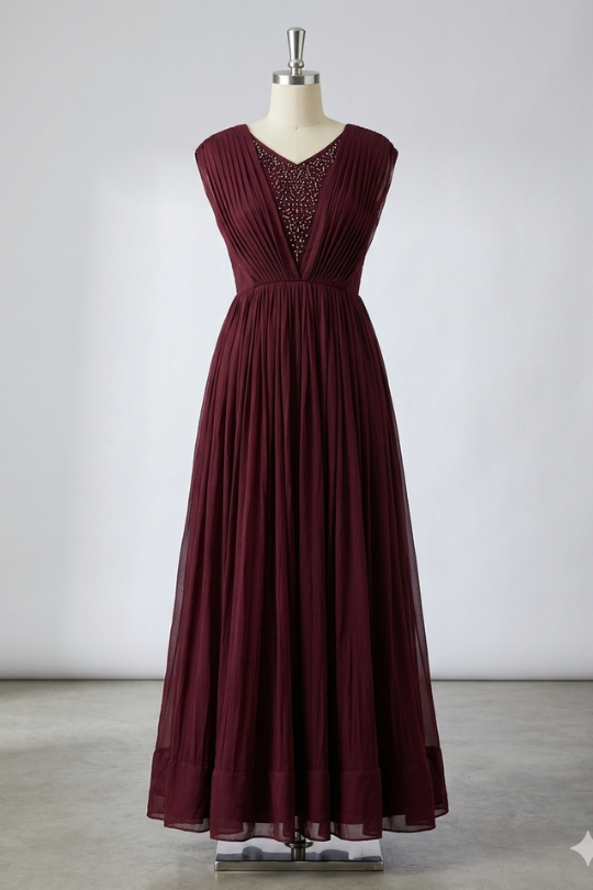 Wine maroon embellished evening gown, front view on display