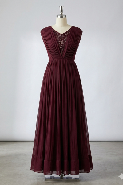 Wine maroon embellished evening gown, front view on display