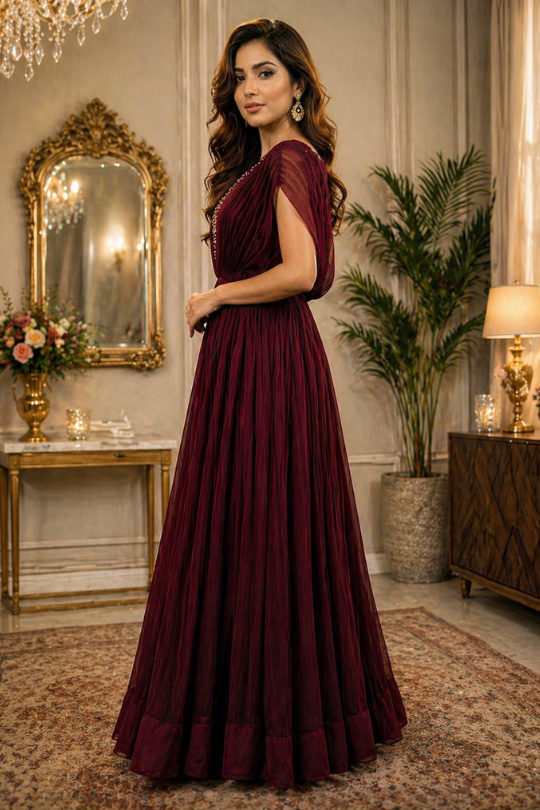 Wine maroon evening gown side view showing flared silhouette