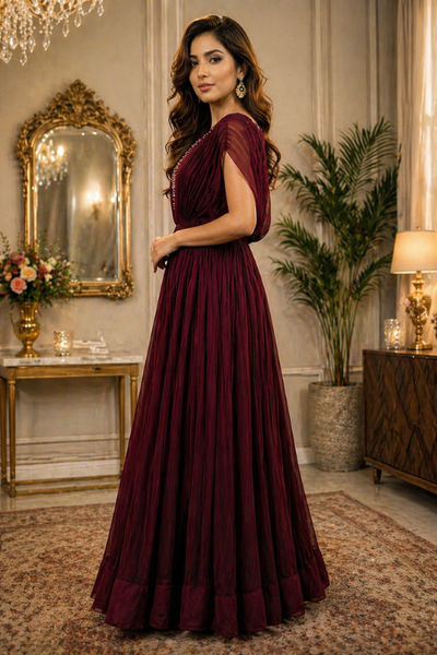 Wine maroon evening gown side view showing flared silhouette